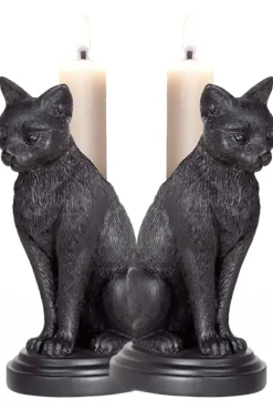 Alchemy Gothic Alchemy Faust's Familiar Cat Candlesticks Pair