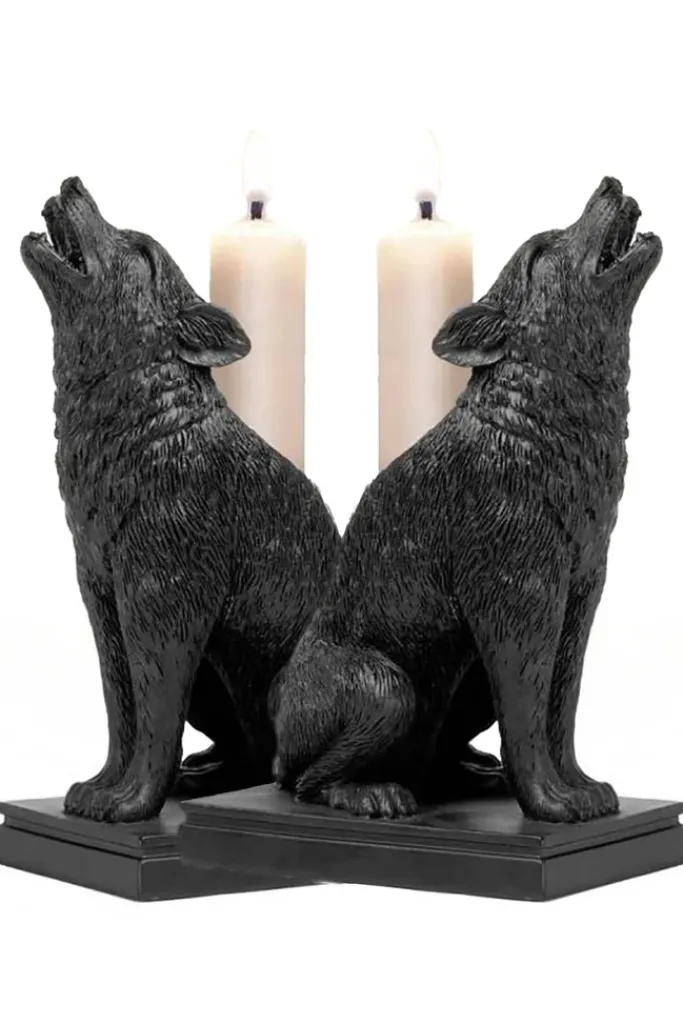 Alchemy Gothic Alchemy Ulula Noctis Wolf Candlestick Pair
