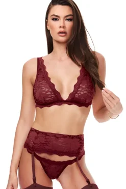 Baci Lingerie Baci Wine Lace Bra and Garter Lingerie Set