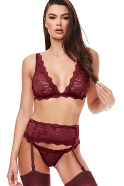 Baci Lingerie Baci Wine Lace Bra and Garter Lingerie Set