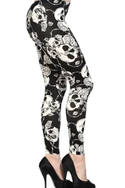 Banned Black White Skull Rose Barbwire Leggings