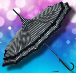Soake Black Polkadot Frilled Pagoda Umbrella / Parasol