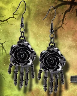 Echt etNox Black Rose on Skeletal Hand Earrings