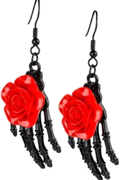 Echt etNox Red Rose on Skeletal Hand Earrings