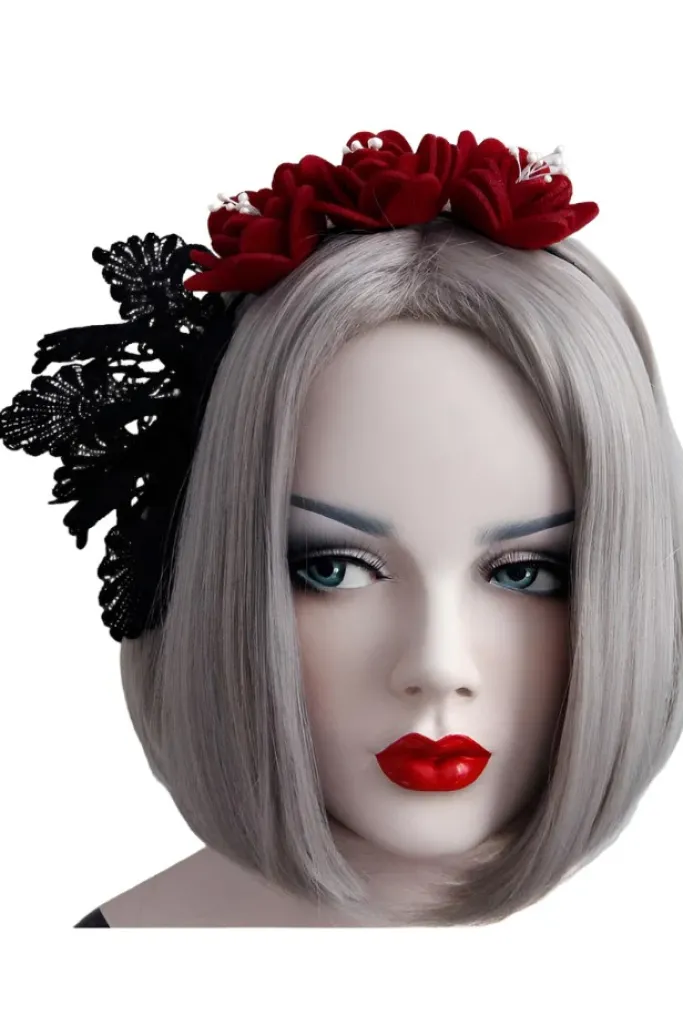 Gothic Hair Accessories Felt Rose and Lace Headband