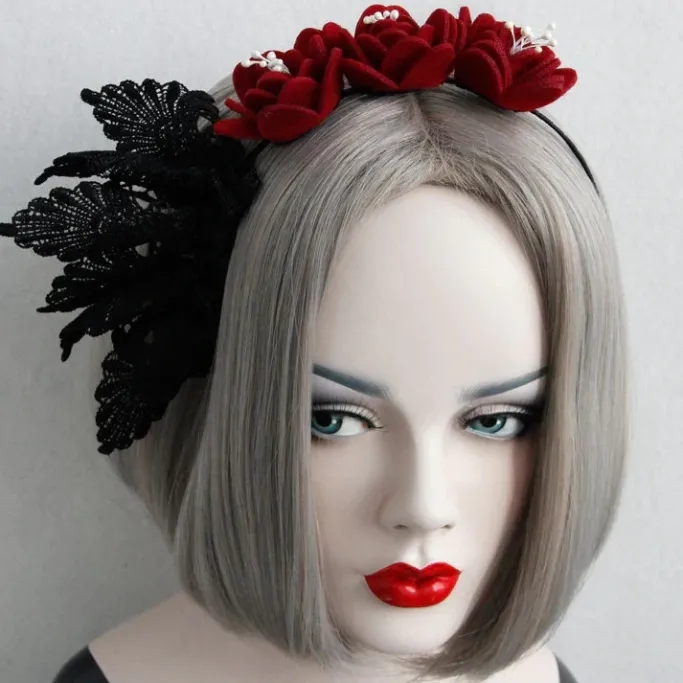 Gothic Hair Accessories Felt Rose and Lace Headband