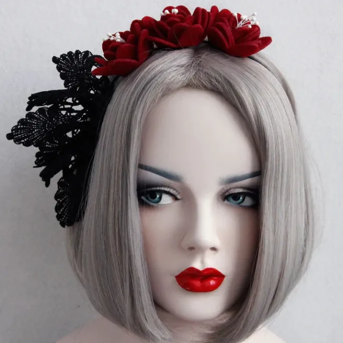 Gothic Hair Accessories Felt Rose and Lace Headband