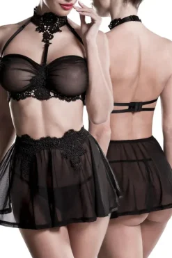 Grey Velvet Lingerie Set with Skirt