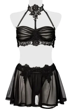 Grey Velvet Lingerie Set with Skirt