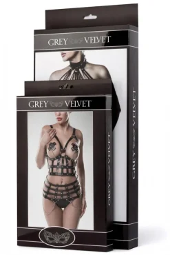 Grey Velvet Mesh Lingerie Set