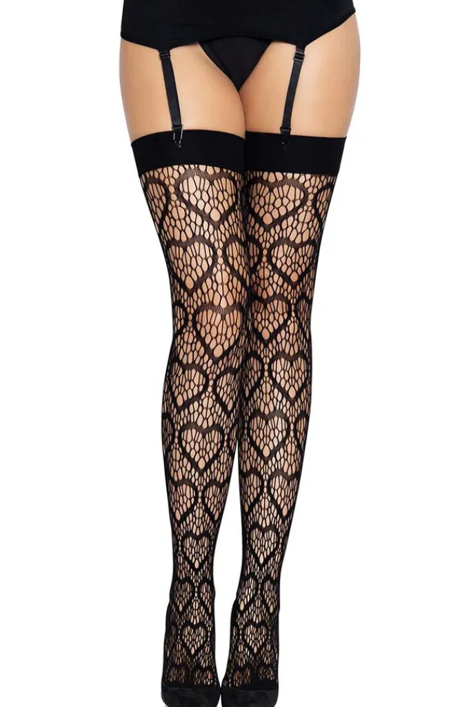 Leg Avenue Black Heart Net Thigh Highs