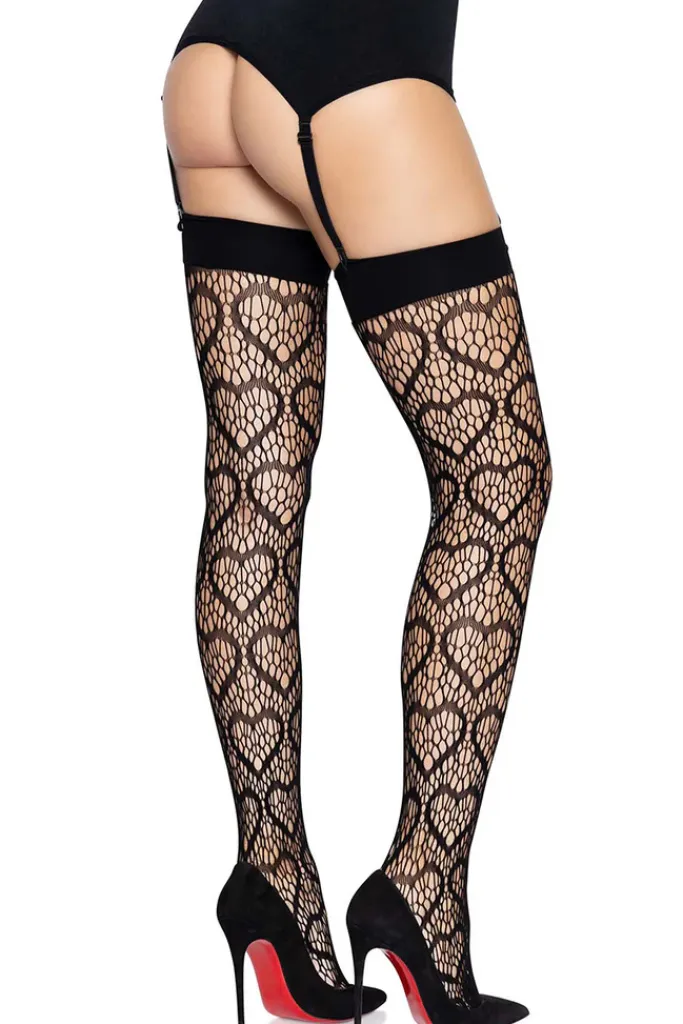 Leg Avenue Black Heart Net Thigh Highs