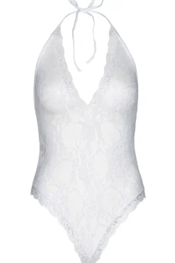 Leg Avenue Lace Deep-V Teddy and Stockings White