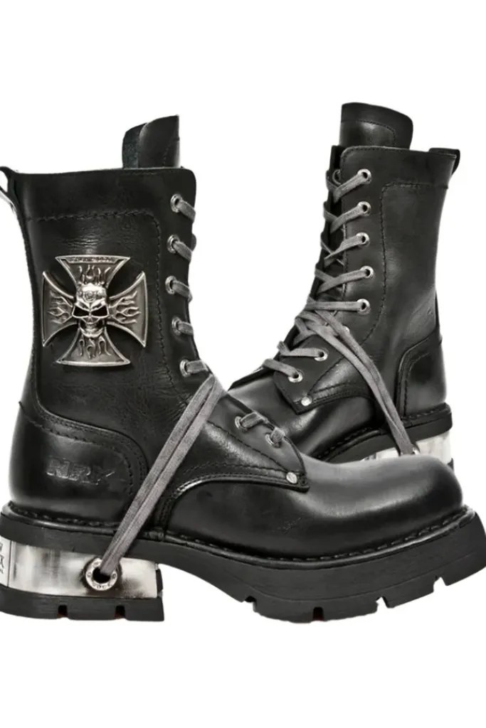 New Rock Boots New Rock Biker Boots Skull Cross Badge M.1623