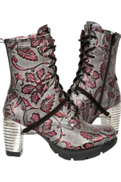 New Rock Boots New Rock Red Metallic Vintage Flower Ankle Boots M.TR001-S6