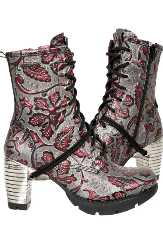 New Rock Boots New Rock Red Metallic Vintage Flower Ankle Boots M.TR001-S6