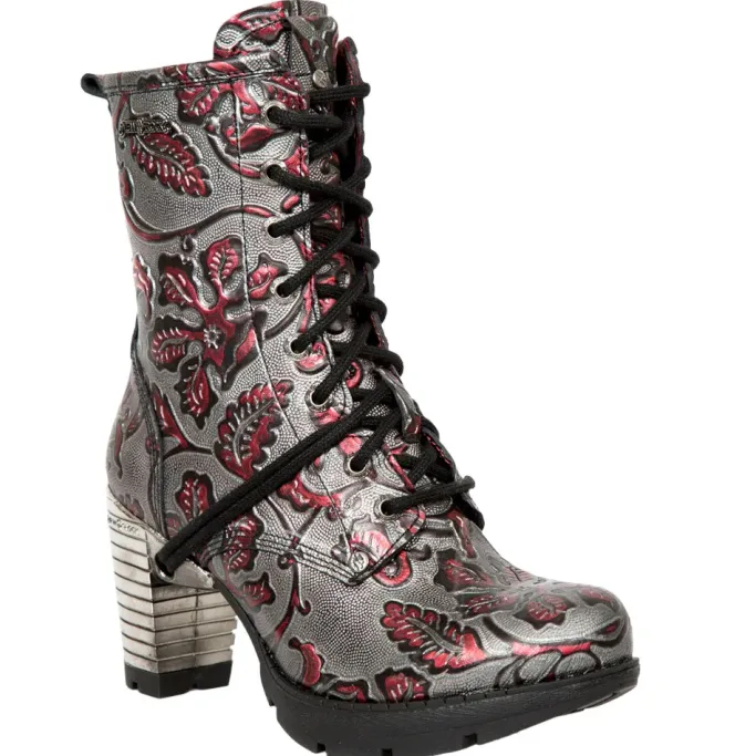 New Rock Boots New Rock Red Metallic Vintage Flower Ankle Boots M.TR001-S6