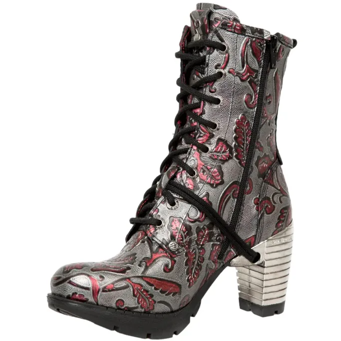 New Rock Boots New Rock Red Metallic Vintage Flower Ankle Boots M.TR001-S6