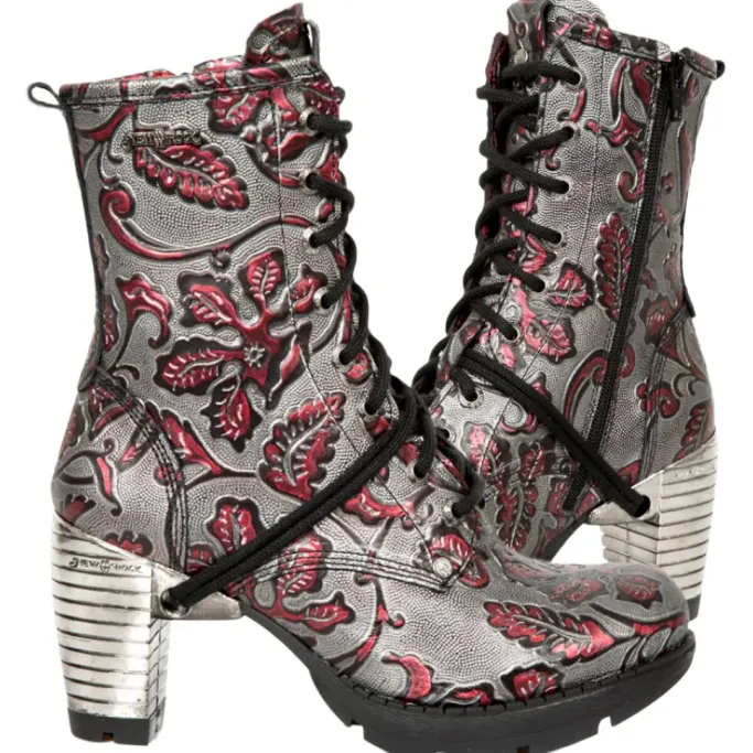 New Rock Boots New Rock Red Metallic Vintage Flower Ankle Boots M.TR001-S6
