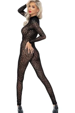 Noir Handmade Full Body Leopard Flock Catsuit