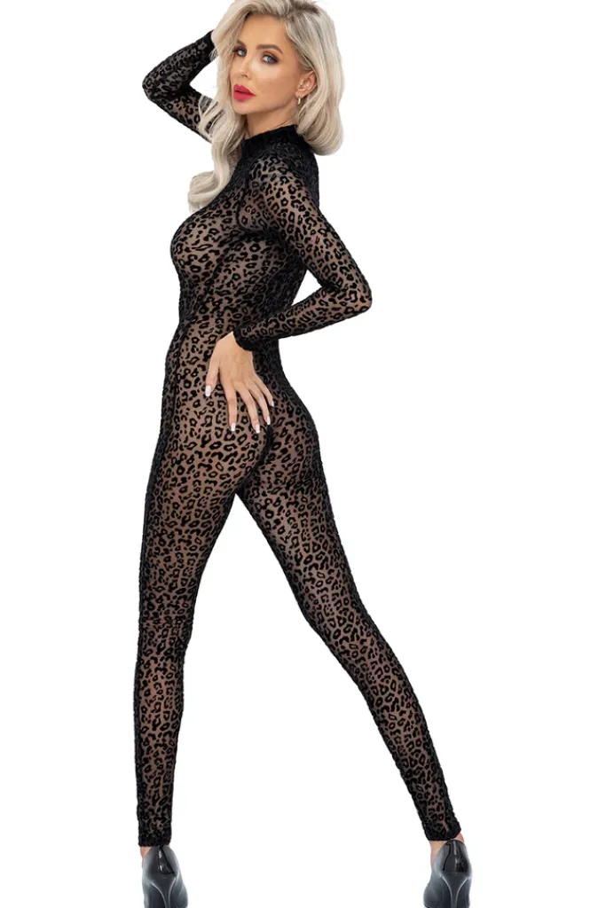 Noir Handmade Full Body Leopard Flock Catsuit