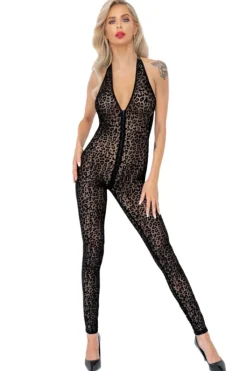Noir Handmade Leopard Flock Halter Catsuit