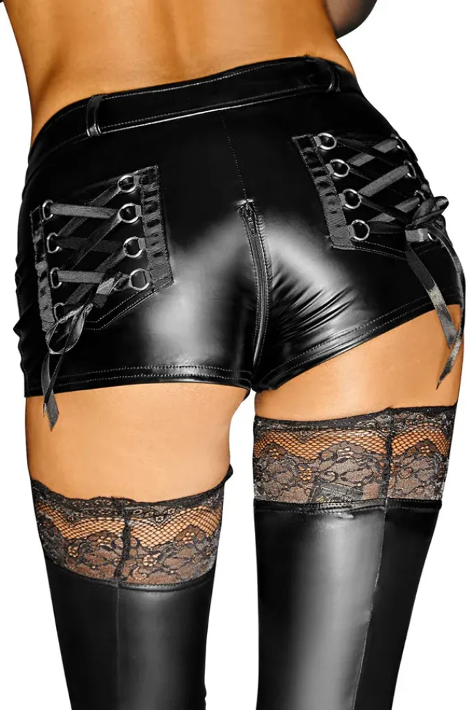 Noir Handmade Wetlook Shorts with Laced Pockets
