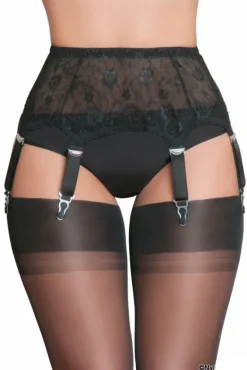 Nylon Dreams 6 Strap Lace Suspender Belt Black