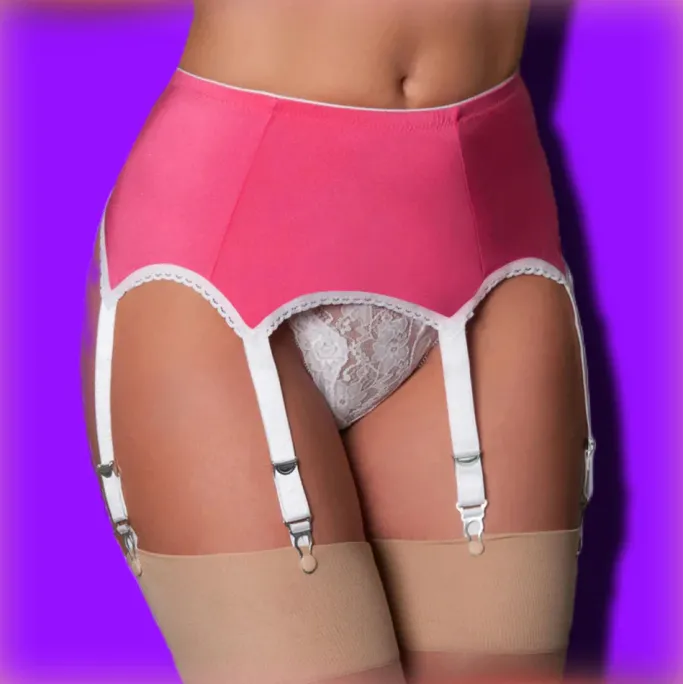 Nylon Dreams 6 Strap Suspender Belt Pink/White