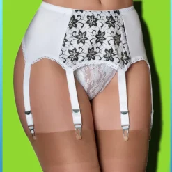Nylon Dreams 6 Strap White Flower Suspender Belt
