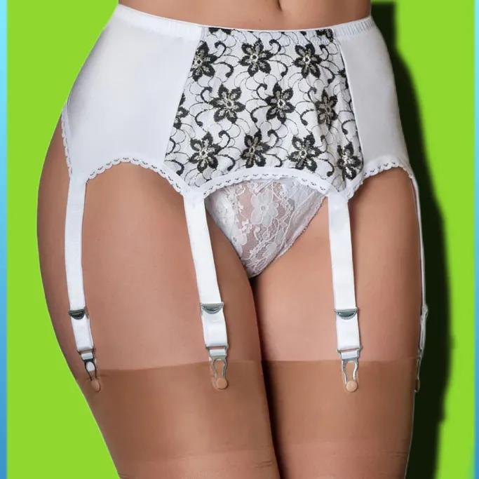 Nylon Dreams 6 Strap White Flower Suspender Belt