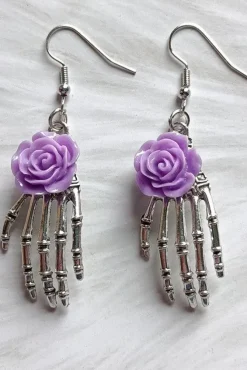 Gothic and Steampunk Jewellery Purple Rose Skeleton Earrings