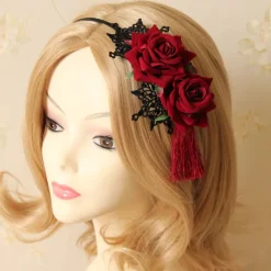 Gothic Hair Accessories Red Rose and Lace Tassle Headband