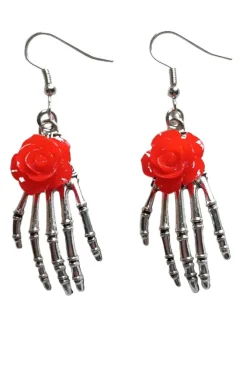 Gothic and Steampunk Jewellery Red Rose Skeleton Earrings