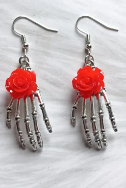 Gothic and Steampunk Jewellery Red Rose Skeleton Earrings