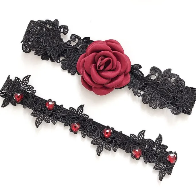 Gothic Accessories Rose and Heart Lace Garter Set