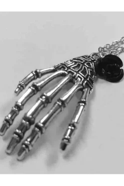 Gothic and Steampunk Jewellery Skeleton Hand and Rose Necklace