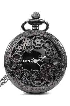 Pocketwatches Steampunk Gunmetal Pocket Watch with Gears on Necklace Chain