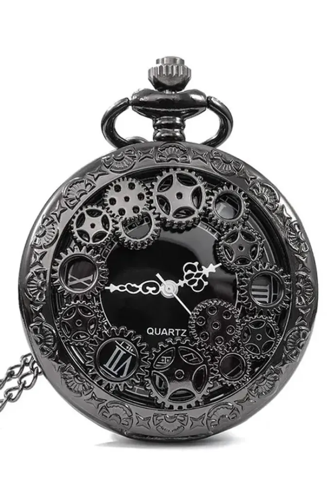 Pocketwatches Steampunk Gunmetal Pocket Watch with Gears on Necklace Chain
