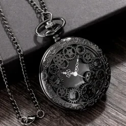 Pocketwatches Steampunk Gunmetal Pocket Watch with Gears on Necklace Chain