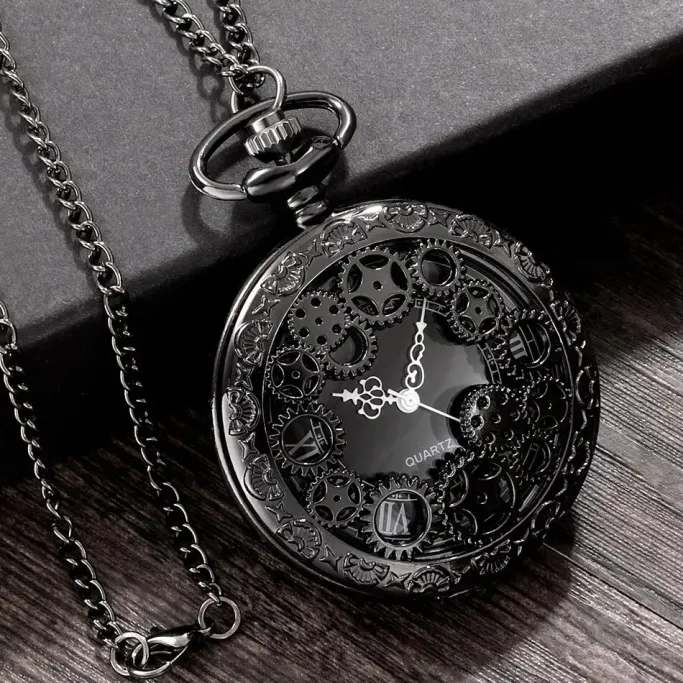 Pocketwatches Steampunk Gunmetal Pocket Watch with Gears on Necklace Chain