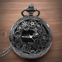 Pocketwatches Steampunk Gunmetal Pocket Watch with Gears on Necklace Chain