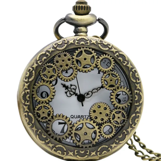 Pocketwatches Steampunk Pocket Watch with Gears on Necklace Chain