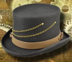 Euro Accessories Steampunk Top Hat with Faux Leather Hat Band and Chains