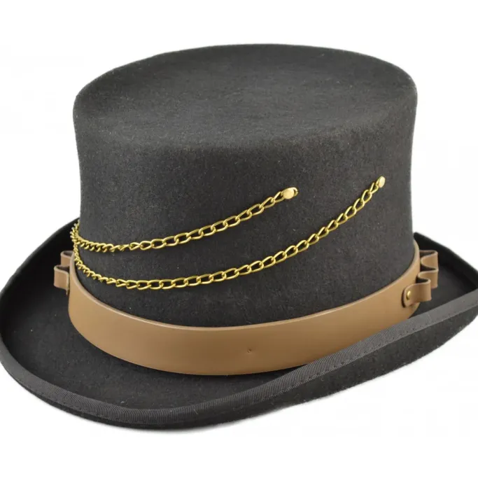 Euro Accessories Steampunk Top Hat with Faux Leather Hat Band and Chains