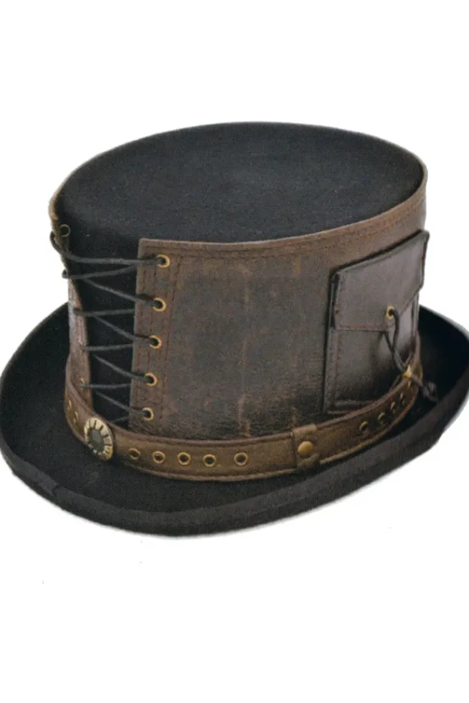Euro Accessories Steampunk Top Hat with Laced Brown Leather Hat Band