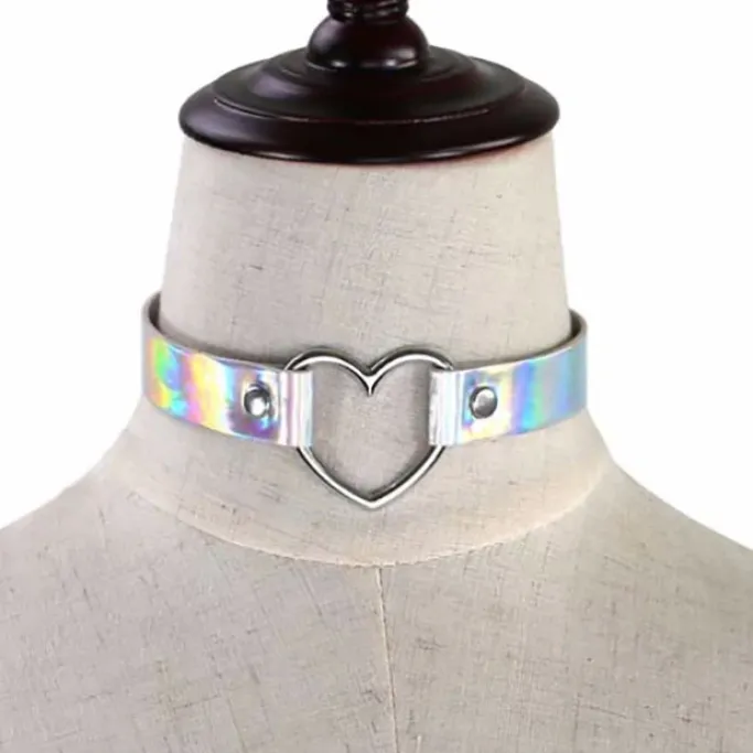 Gothic Collars White Holographic Heart Choker